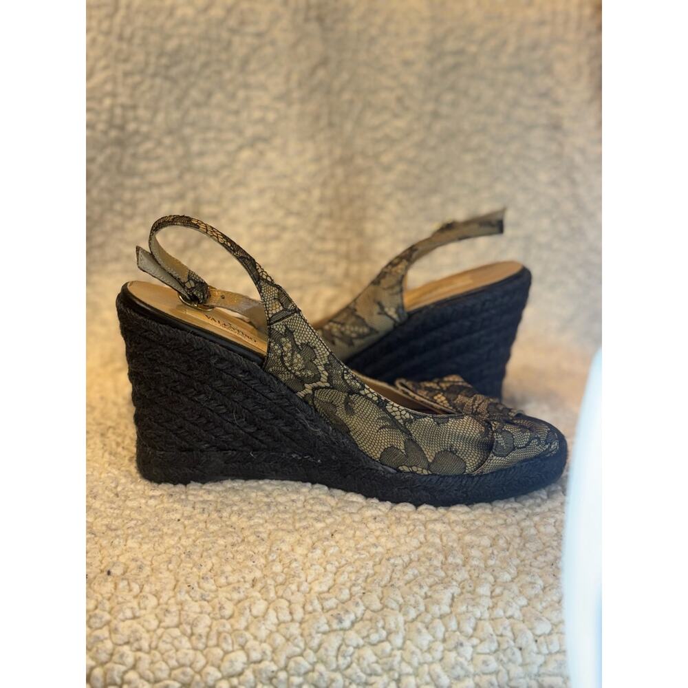 Valentino Black Beige Lace Bow Slingback Wedge Espadrille Sandals Size 38 US 8